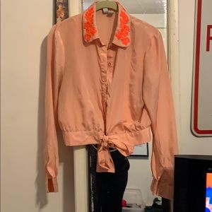 Peach Blouse,  neon pink collar detail,
